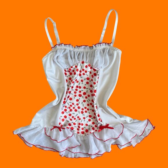 00's vintage white cherry print milkmaid lingerie y2k babydoll XS SMALL - Picture 1 of 8